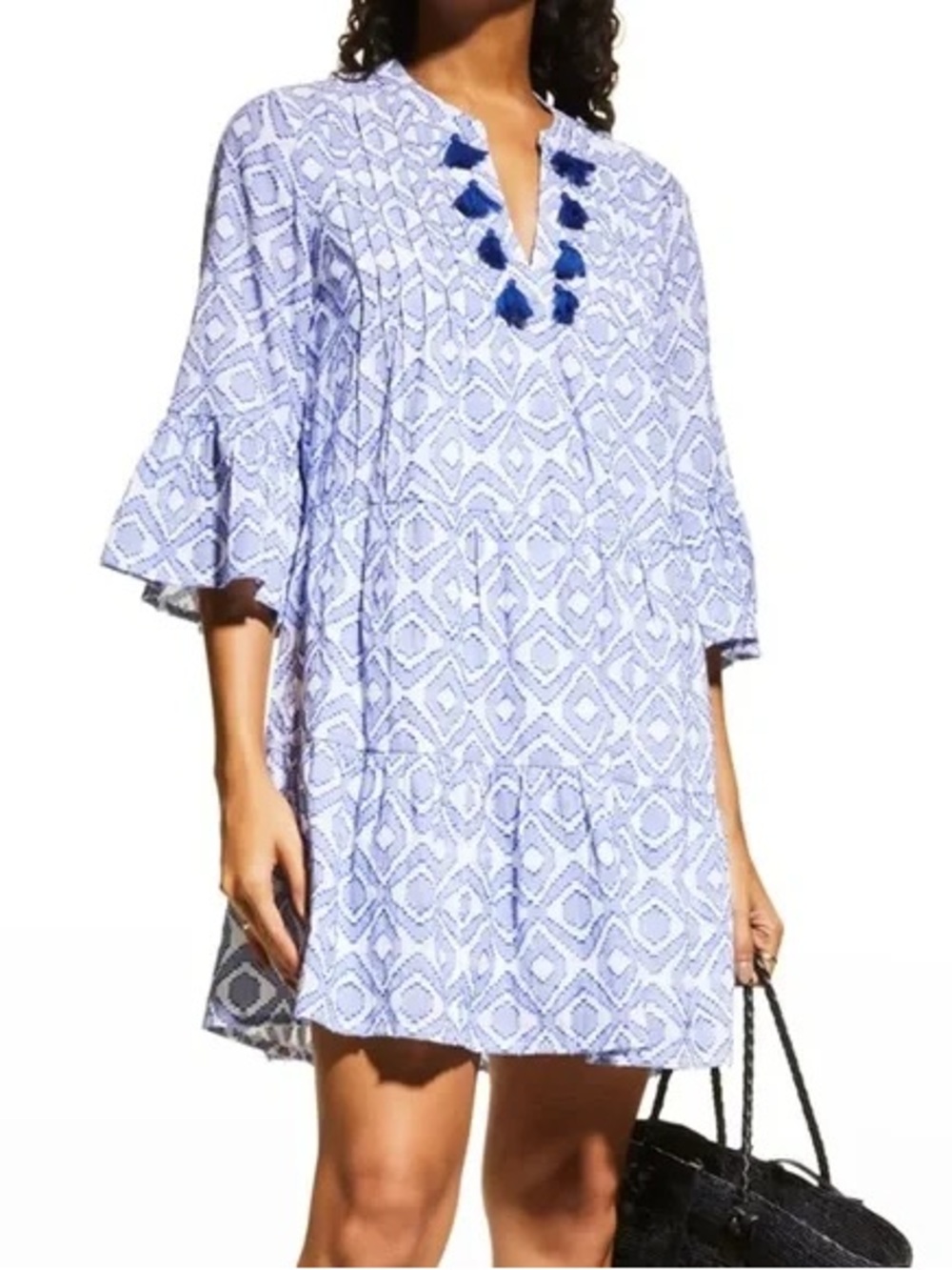 NWT Tommy Bahama Tassel Shift Dress Blue White Bell Sleeve L MSRP $135
